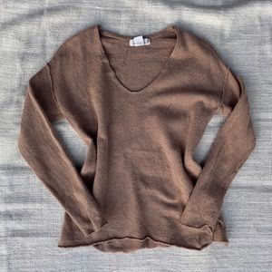 Camel Tan Colored Wool Blend V Neck Sweater